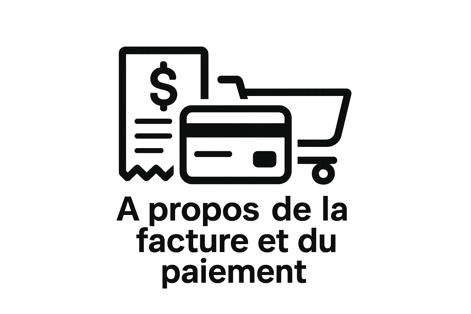 créer un logo noir illustrant une facture une carte de credit un caddie et mettre un texte en dessous "A propos de la facture et du paiement"